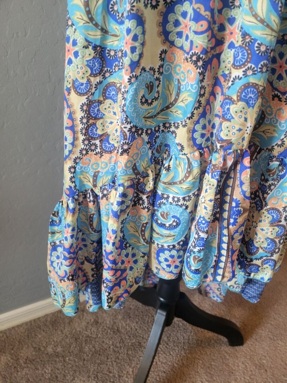 Mauni bohemian-Style dress vibrant blue paisley print smocked waist High Low - Picture 5 of 12